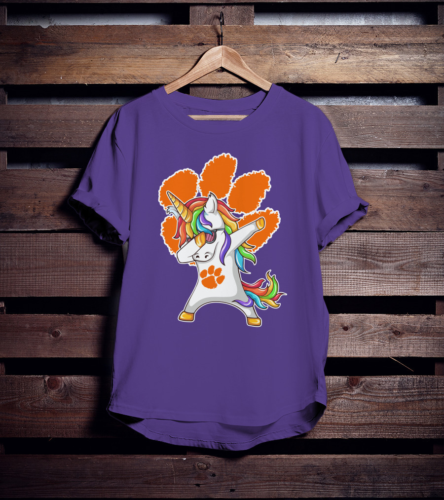 Clemson Tigers Dabbing Unicorn Paw Print Rainbow Mane T-Shirt