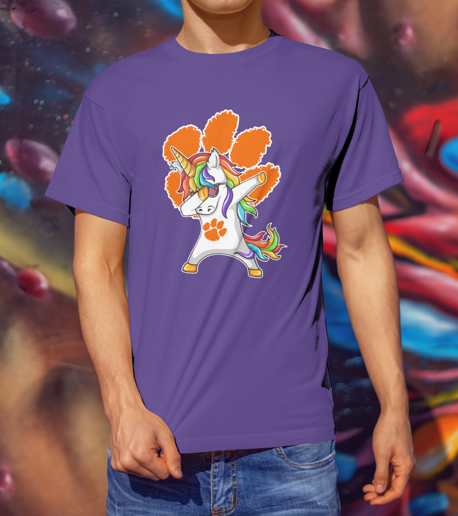 Clemson Tigers Dabbing Unicorn Paw Print Rainbow Mane T-Shirt