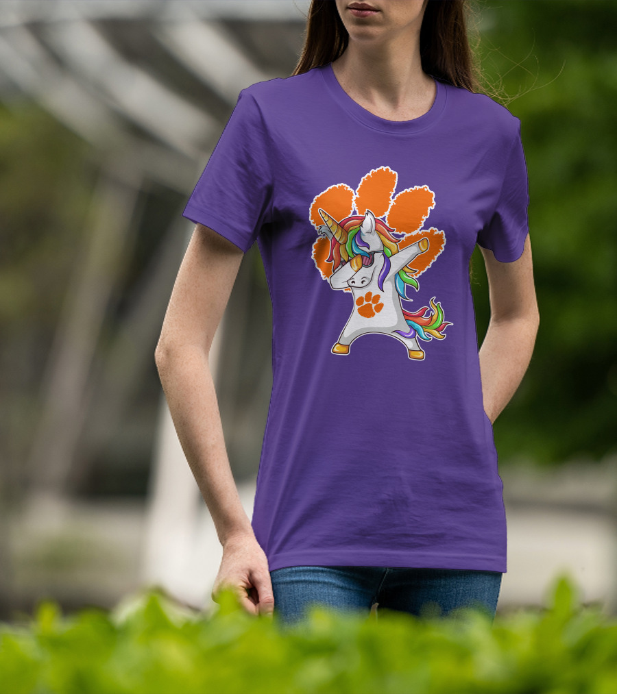 Clemson Tigers Dabbing Unicorn Paw Print Rainbow Mane T-Shirt
