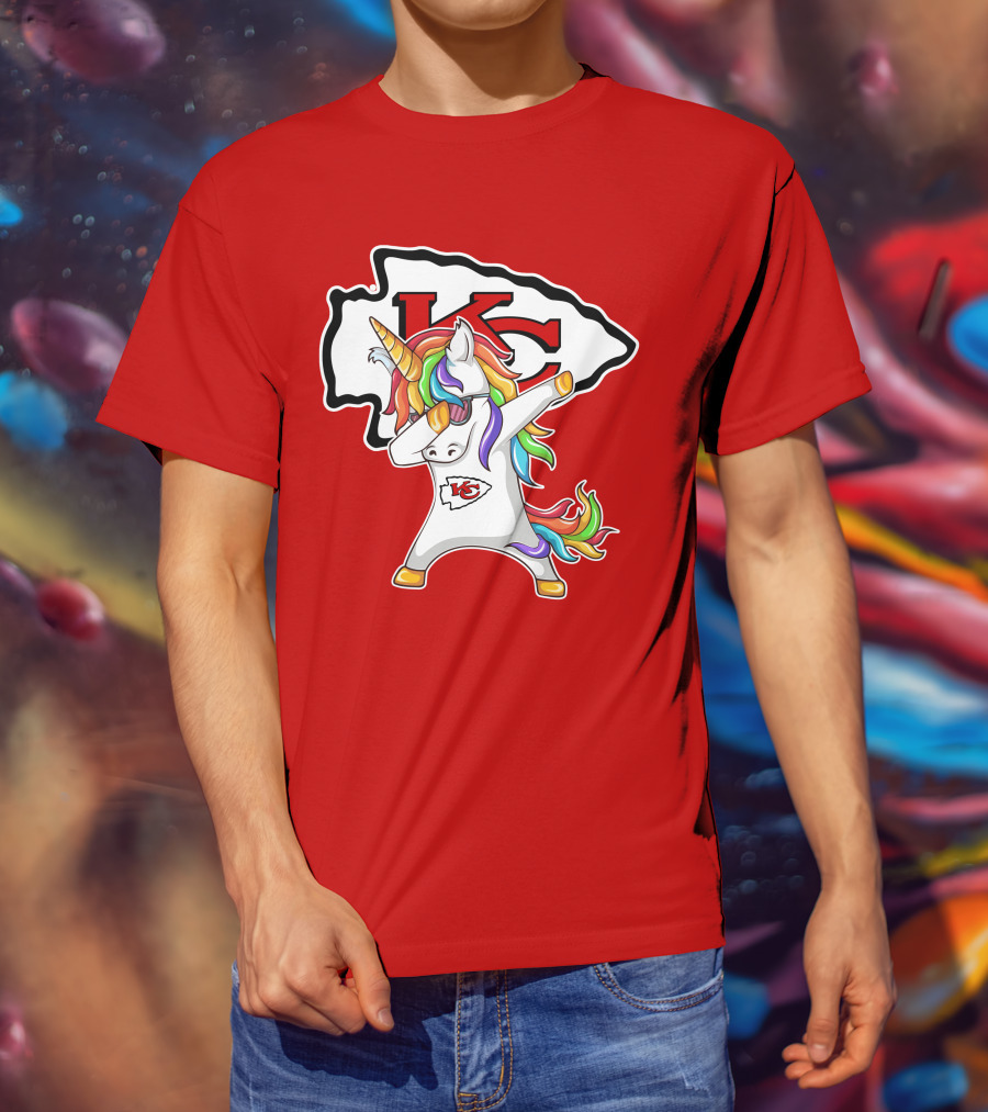 Kansas City Chiefs Unicorn Dabbing KC Logo Rainbow Mane T-Shirt