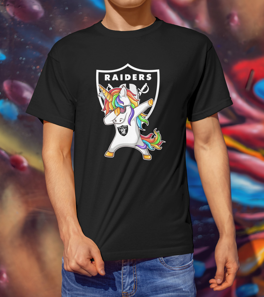 Las Vegas Raiders Unicorn Dabbing With Rainbow Mane In Shield T-Shirt