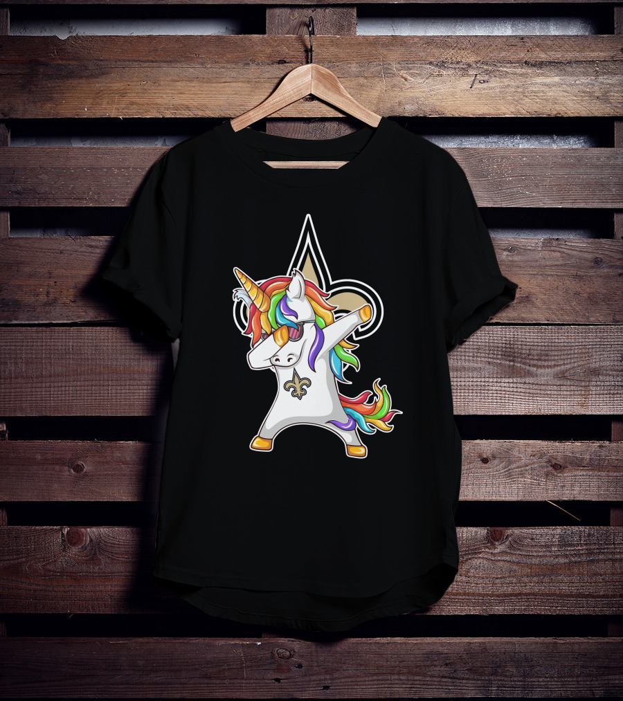New Orleans Saints Unicorn Dabbing Fleur-de-Lis Rainbow Mane T-Shirt