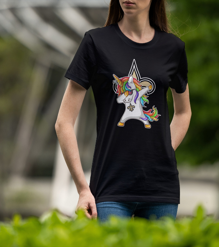 New Orleans Saints Unicorn Dabbing Fleur-de-Lis Rainbow Mane T-Shirt