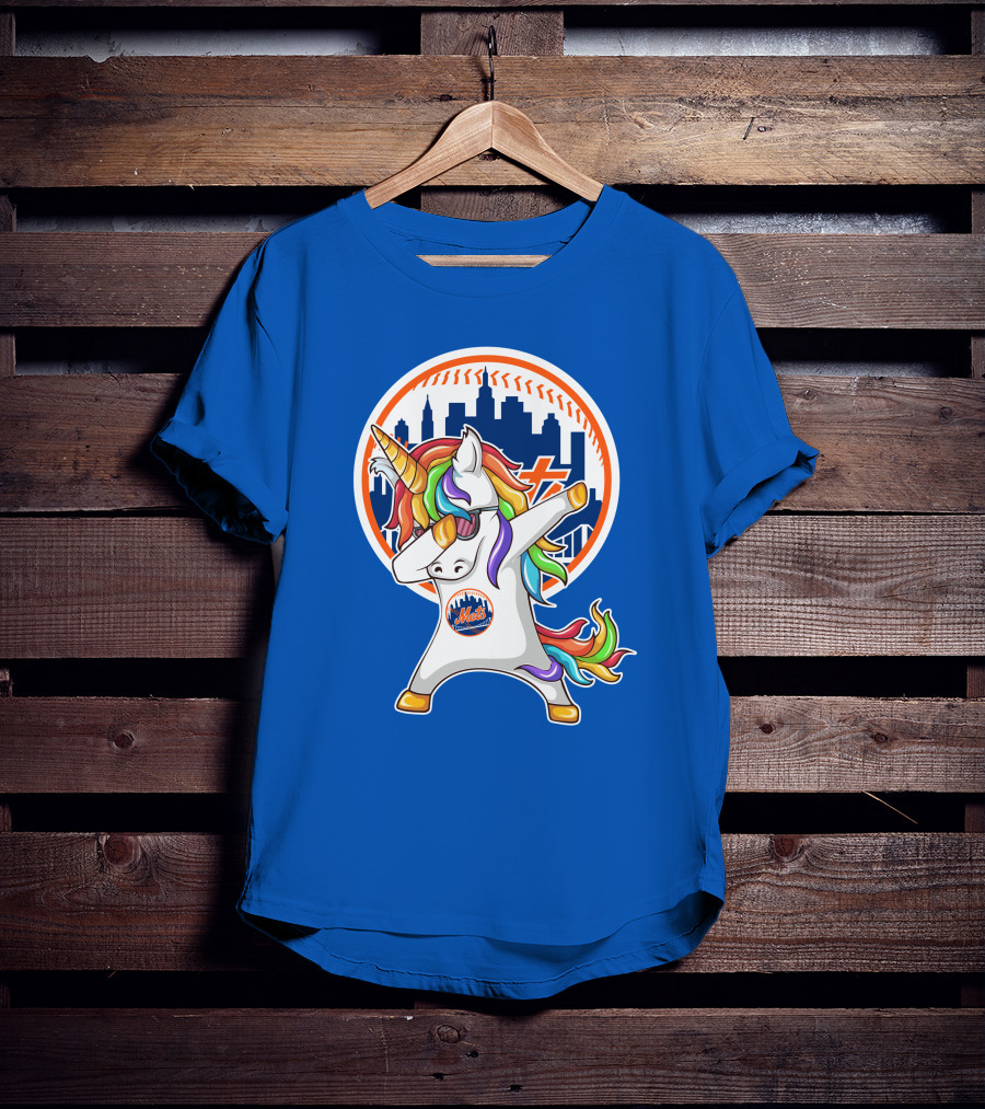 New York Mets Unicorn Dabbing Rainbow Skyline Baseball T-Shirt