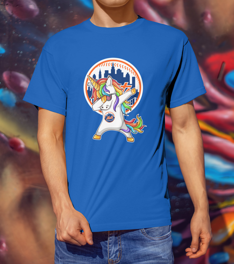 New York Mets Unicorn Dabbing Rainbow Skyline Baseball T-Shirt