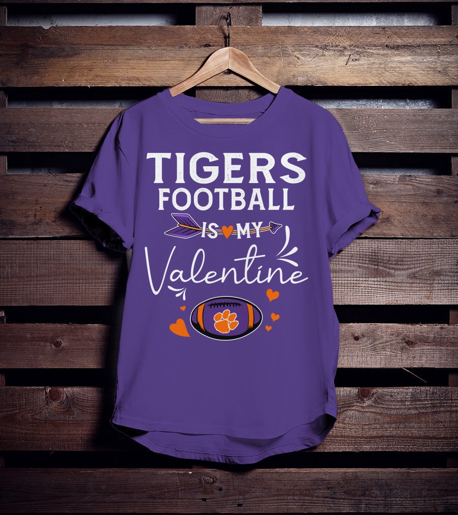 Tigers Football Is My Valentine With Paw Print And Hearts T-Shirt