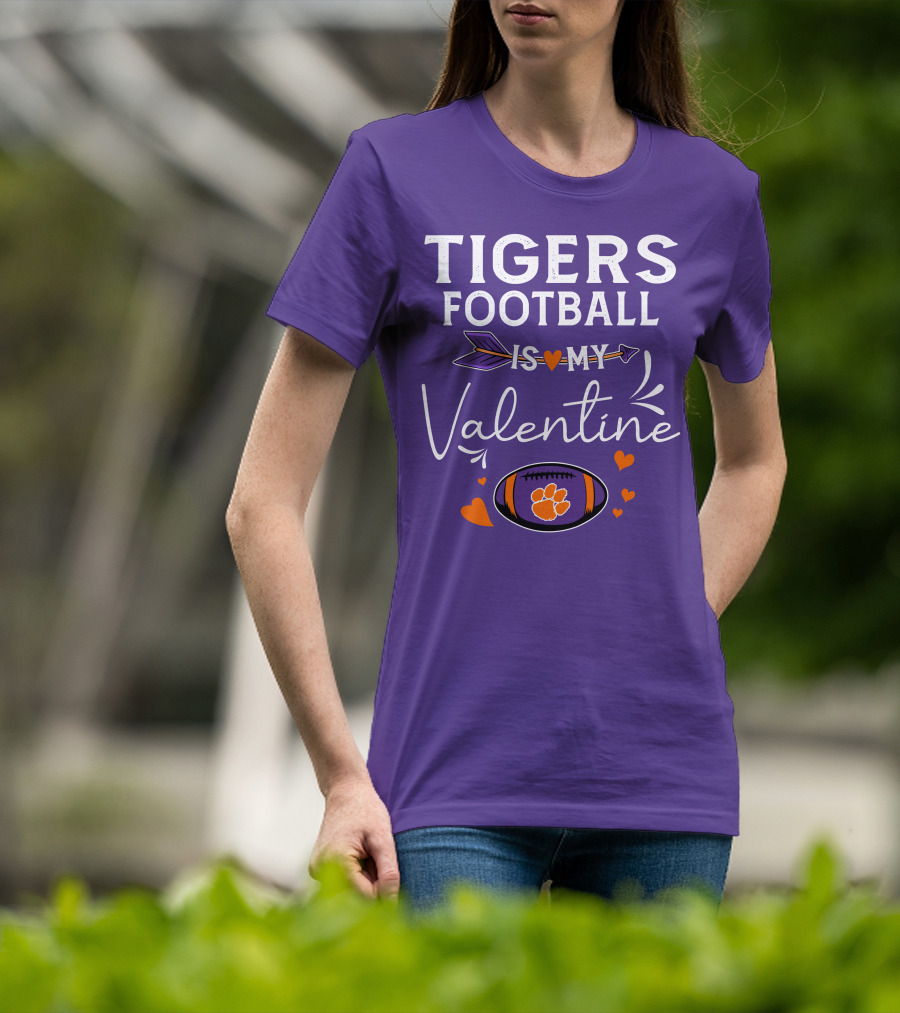 Tigers Football Is My Valentine With Paw Print And Hearts T-Shirt
