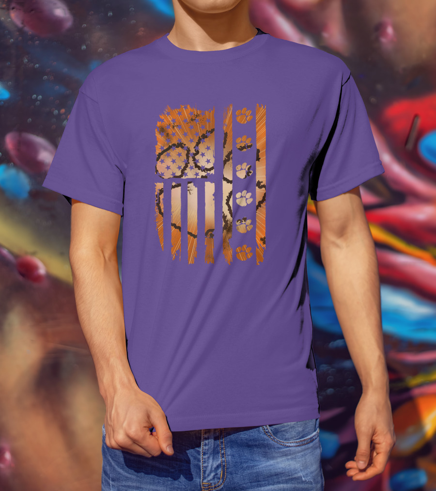 Clemson Tigers Paw Print American Flag T-Shirt
