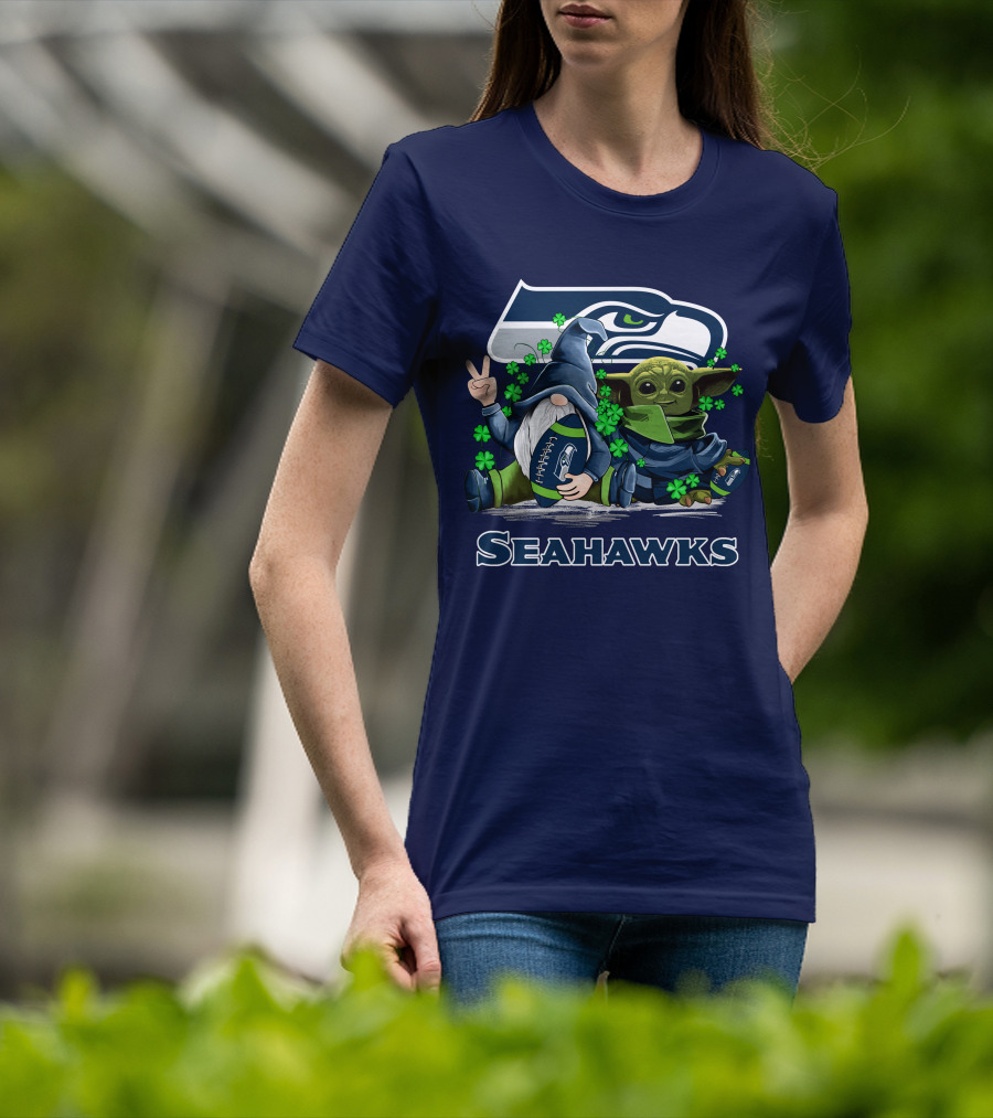 Leprechauns Gnomes Baby Yoda Seattle Seahawks Hug Football T-Shirt