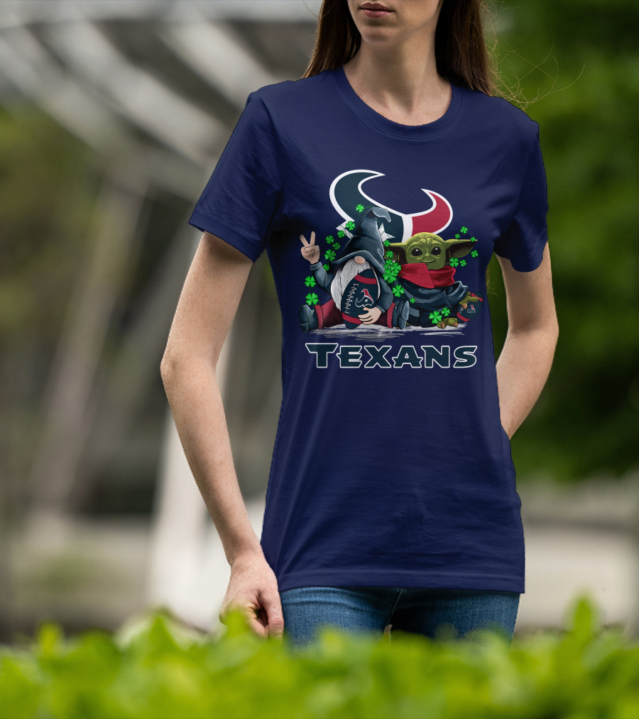 Leprechauns Gnomes Baby Yoda Houston Texans Football Clover T-Shirt