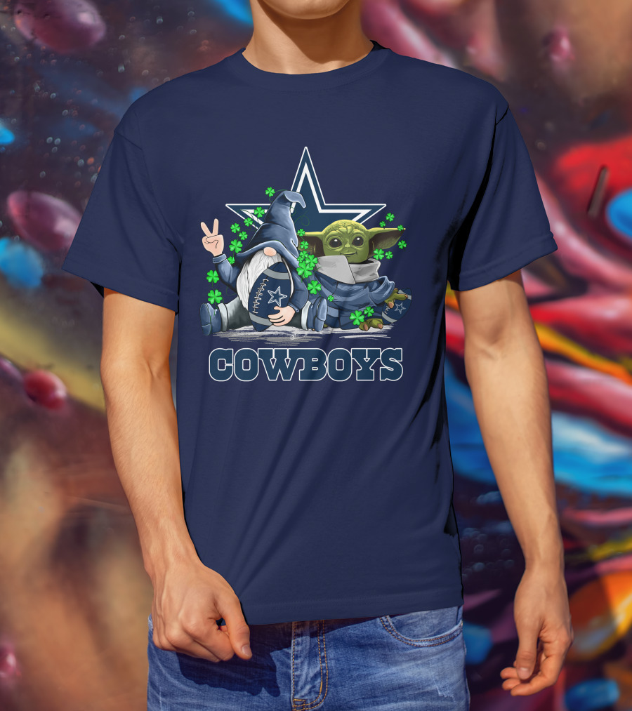 Leprechauns Gnomes Baby Yoda Hug Cowboys Star Clover Football T-Shirt