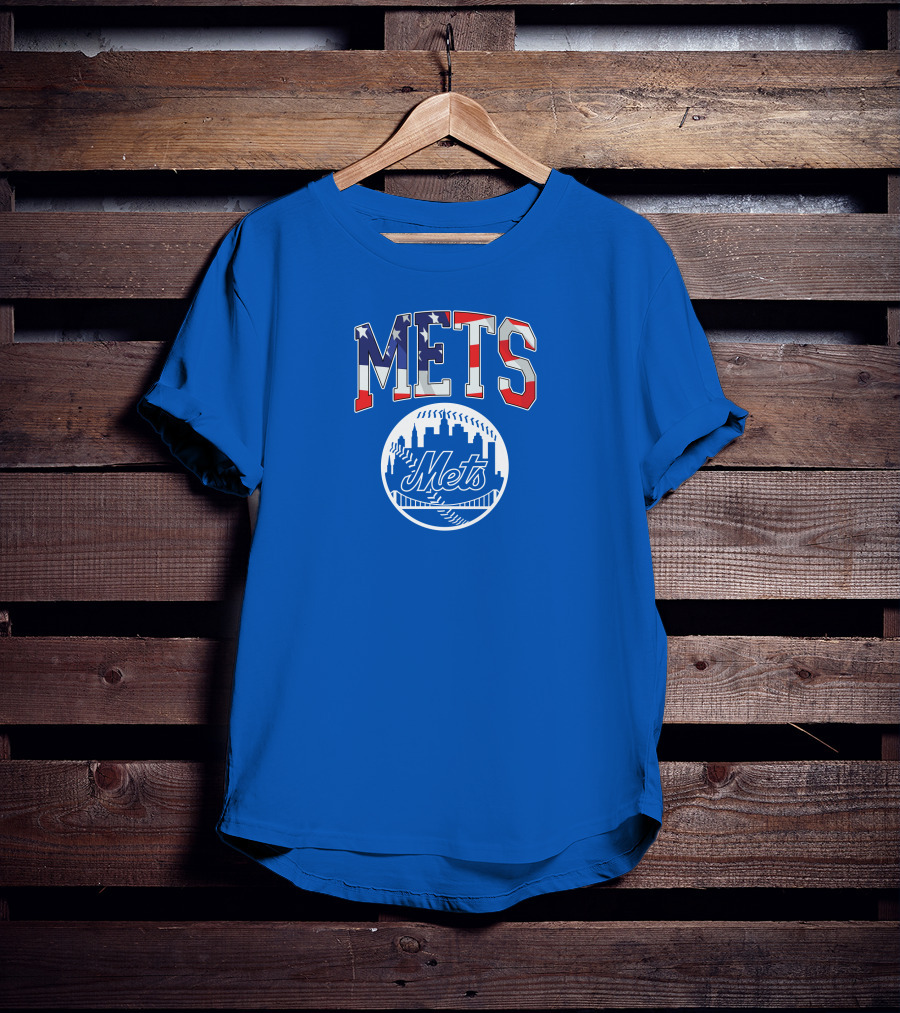 Mets American Flag Skyline Baseball T-Shirt