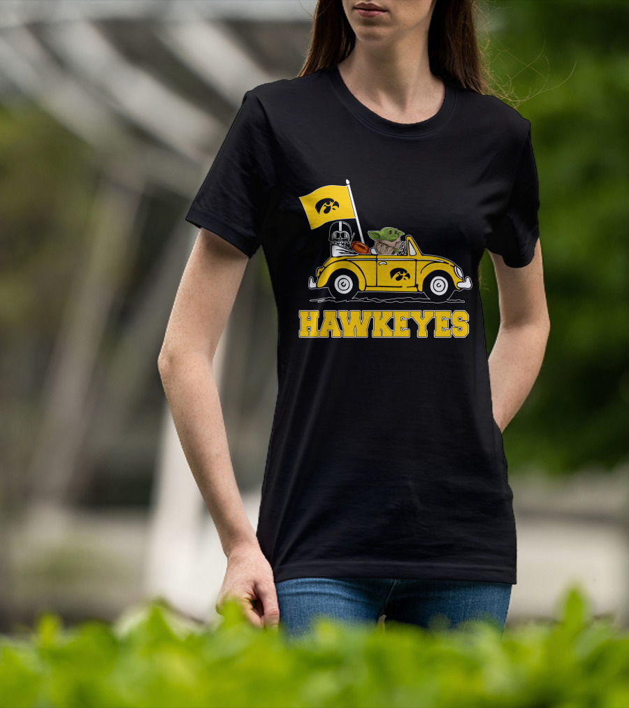 Iowa Hawkeyes Darth Vader Baby Yoda Driving Yellow Car Star Wars T-Shirt