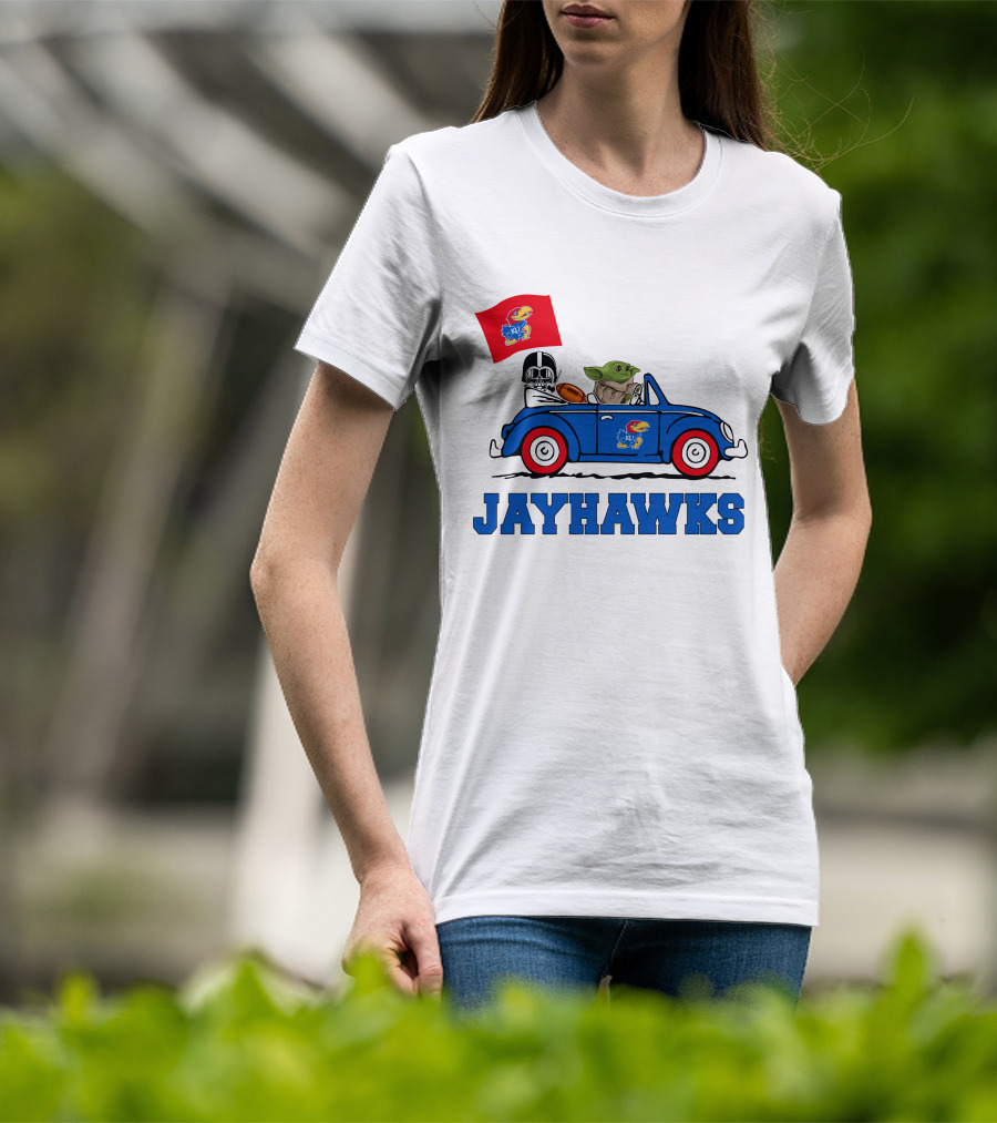 Kansas Jayhawks Darth Vader Baby Yoda Driving With Flag Star Wars Football T-Shirt