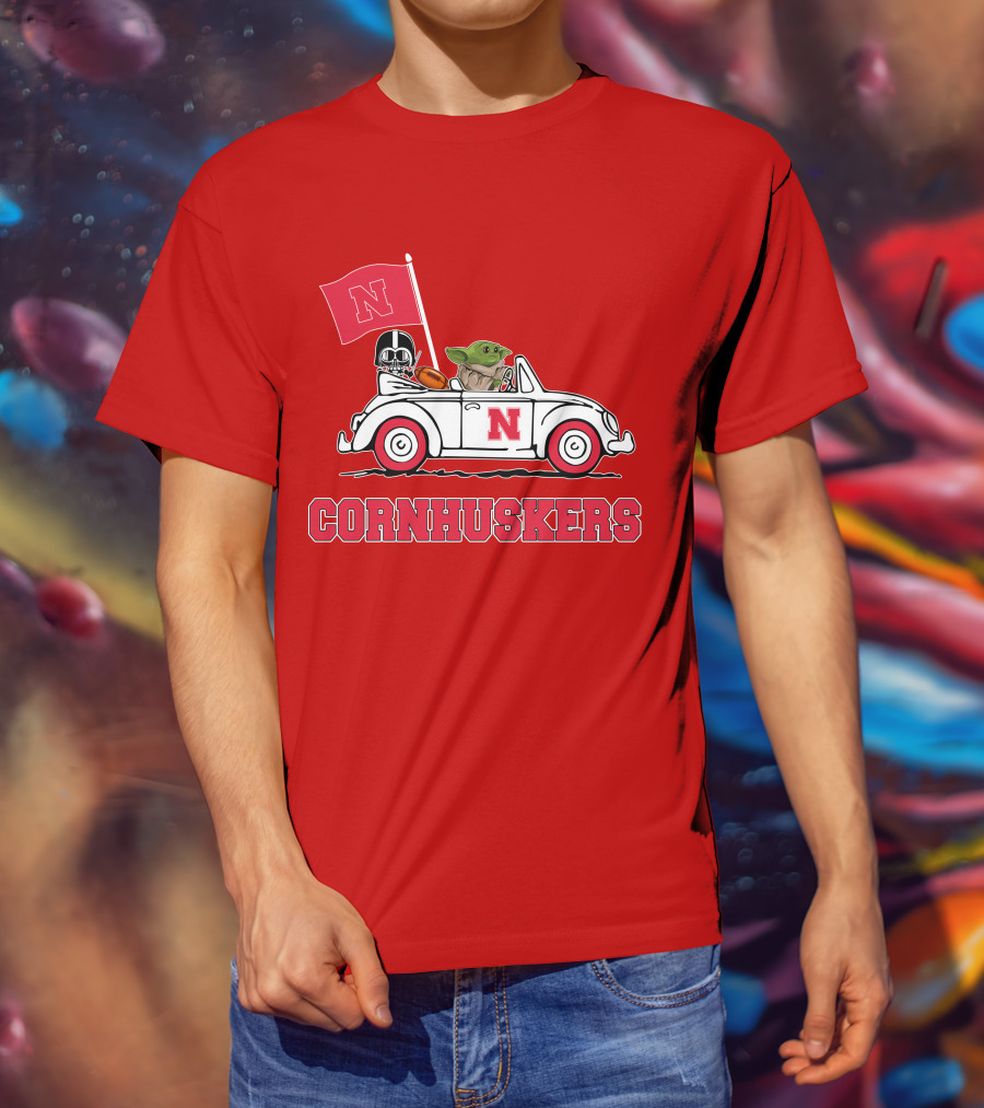 Cornhuskers Darth Vader Baby Yoda Driving Nebraska Car Star Wars T-Shirt