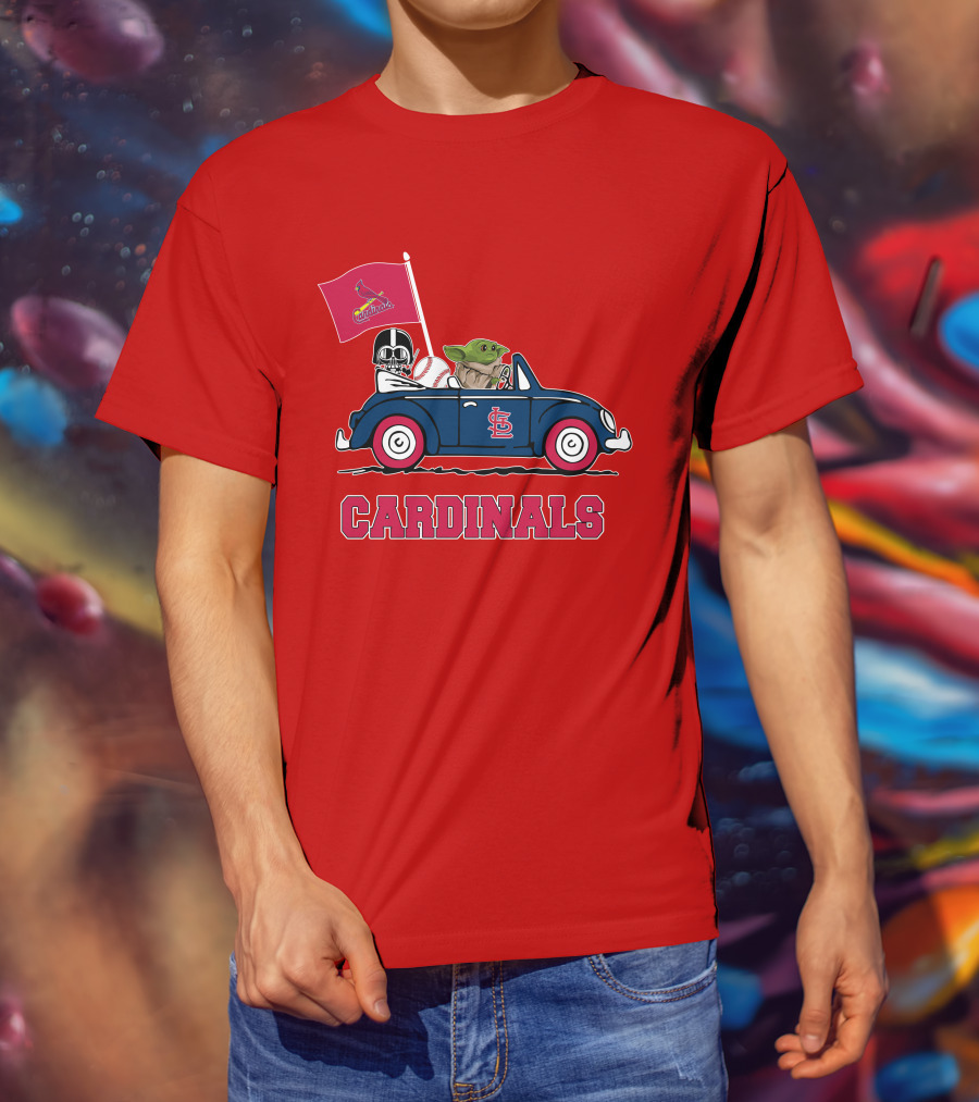 St Louis Cardinals Darth Vader Baby Yoda Driving Car Star Wars Baseball T-Shirt