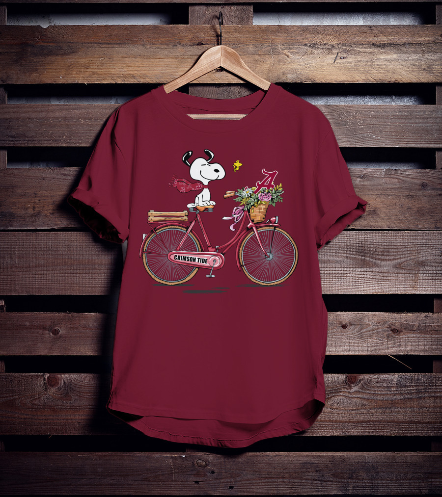 Alabama Crimson Tide Snoopy On Bicycle With Flowers And Woodstock T-Shirt