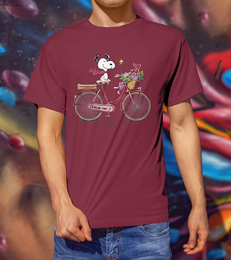 Alabama Crimson Tide Snoopy On Bicycle With Flowers And Woodstock T-Shirt