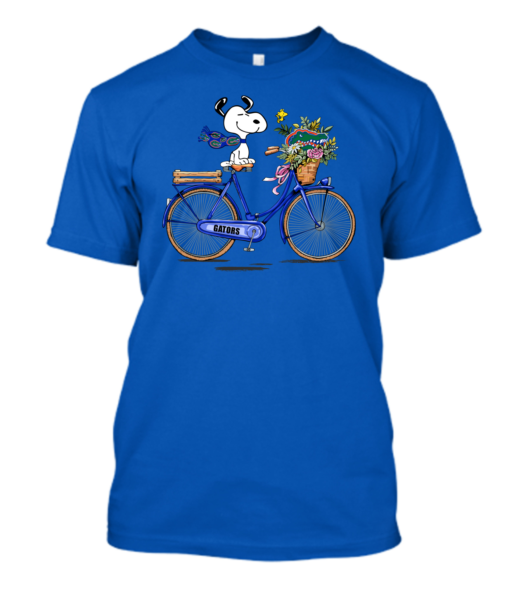 Snoopy Riding Gators Bike With Florida Gators Logo And Basket Of Flowers T-Shirt
