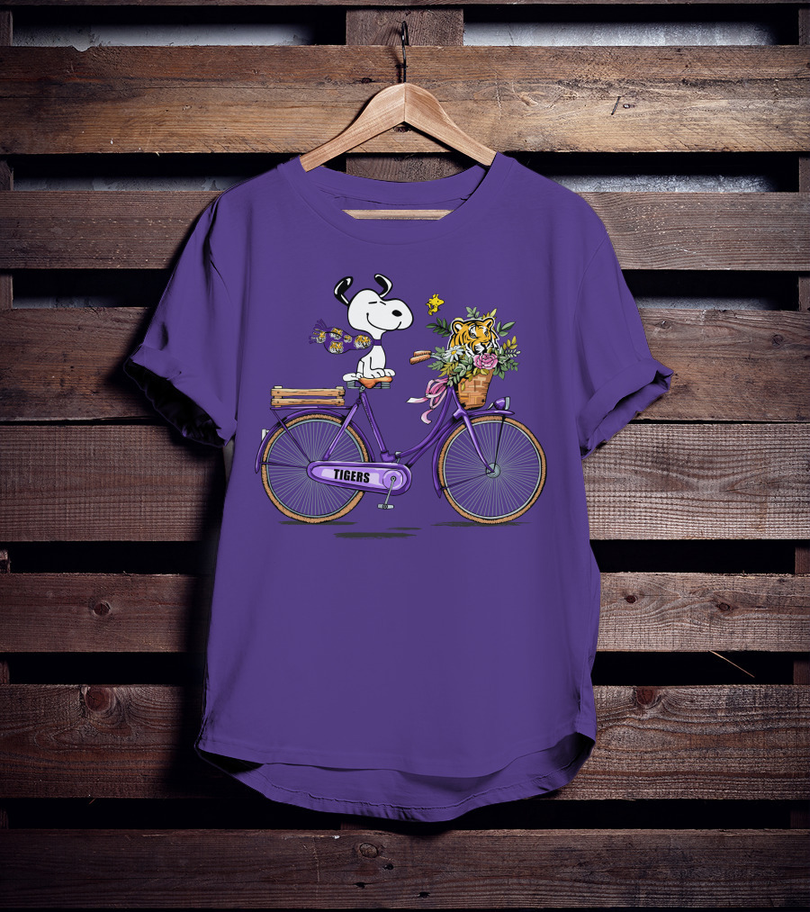 Snoopy Riding Purple Bicycle With LSU Tigers Bouquet T-Shirt