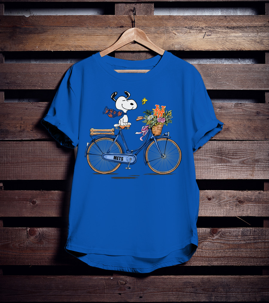 New York Mets Snoopy Bicycle Adventure With Baseball And Woodstock T-Shirt