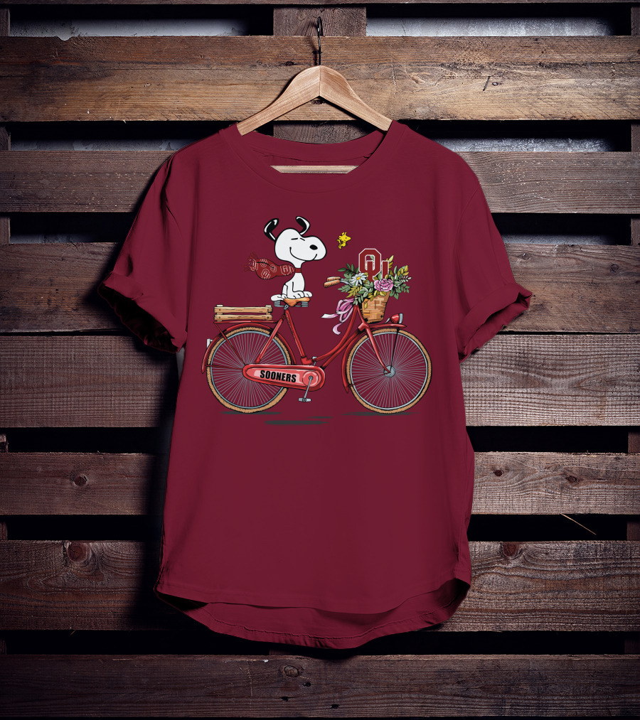 Oklahoma Sooners Snoopy Bicycle Flowers Woodstock T-Shirt