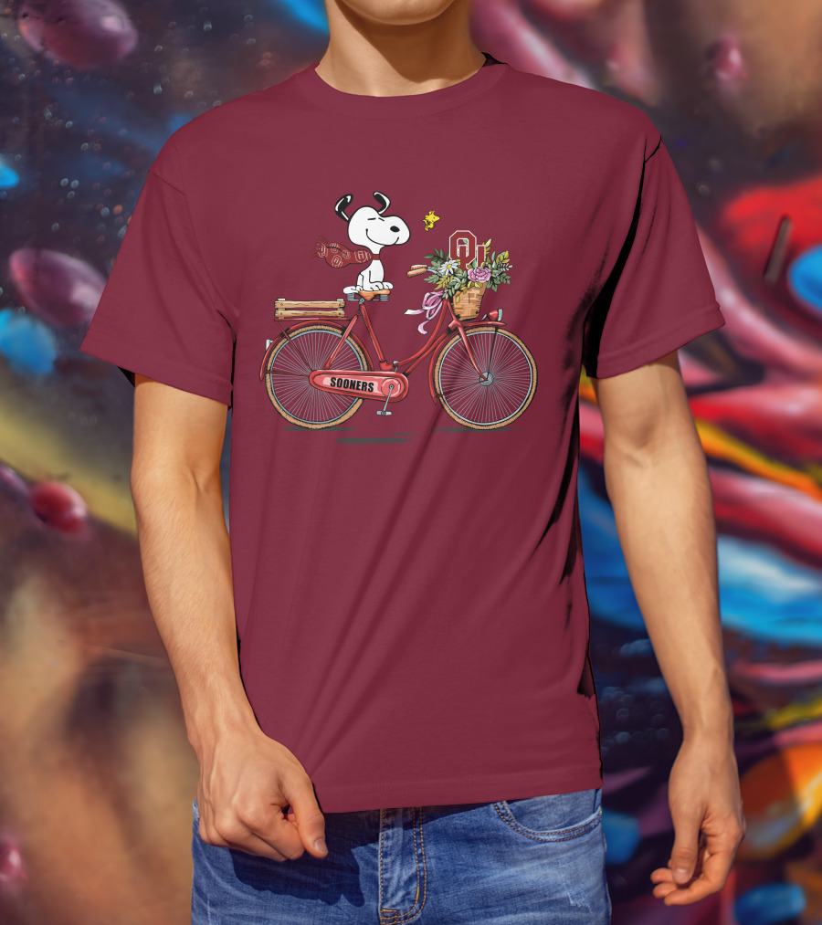 Oklahoma Sooners Snoopy Bicycle Flowers Woodstock T-Shirt