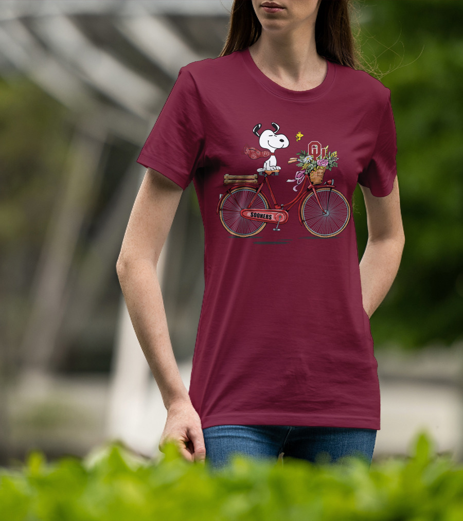Oklahoma Sooners Snoopy Bicycle Flowers Woodstock T-Shirt