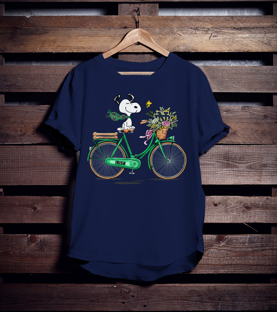 Notre Dame Fighting Irish Snoopy On Bicycle With Flowers And Woodstock T-Shirt