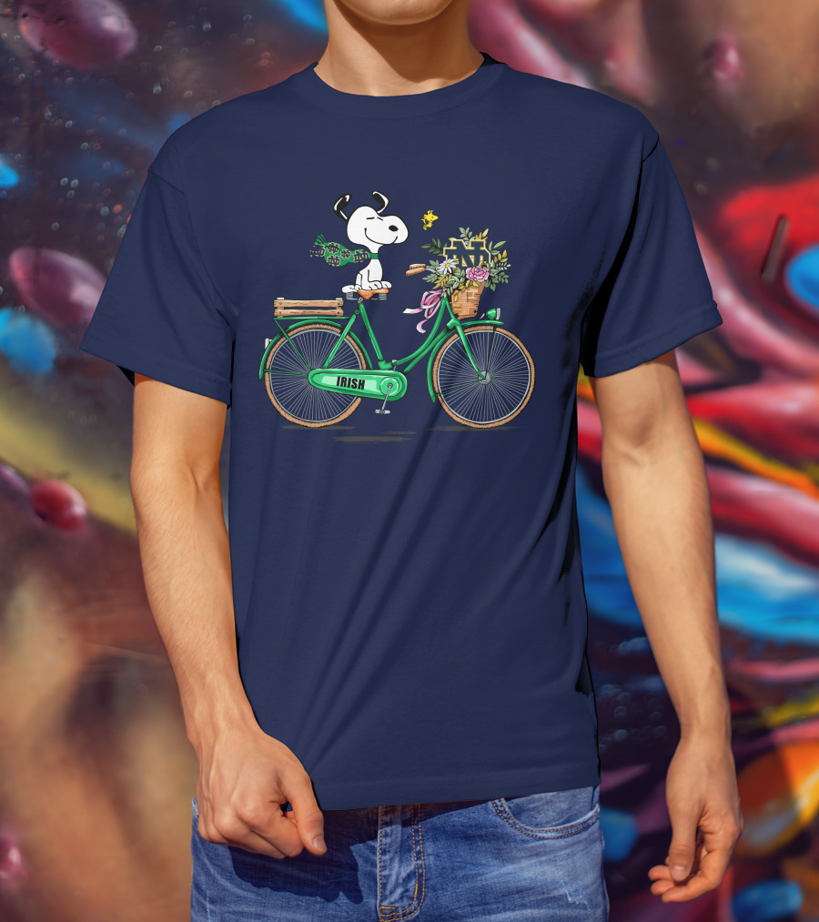 Notre Dame Fighting Irish Snoopy On Bicycle With Flowers And Woodstock T-Shirt