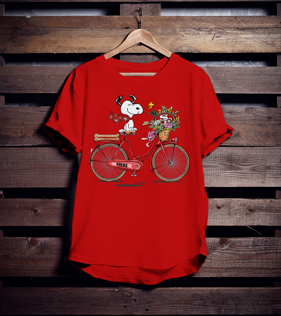 San Francisco 49ers Snoopy Riding Bike With Flowers T-Shirt