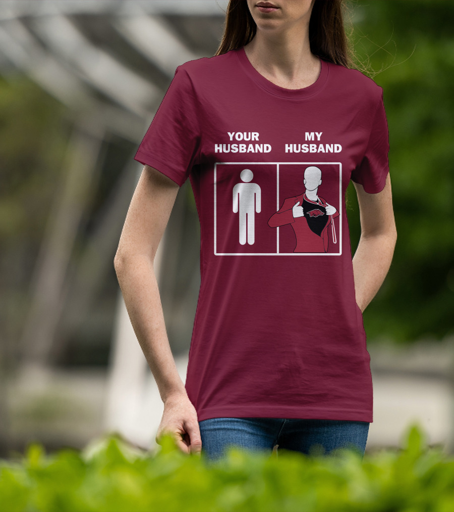 Arkansas Razorbacks Your Husband My Husband Superhero Fan Comparison T-Shirt