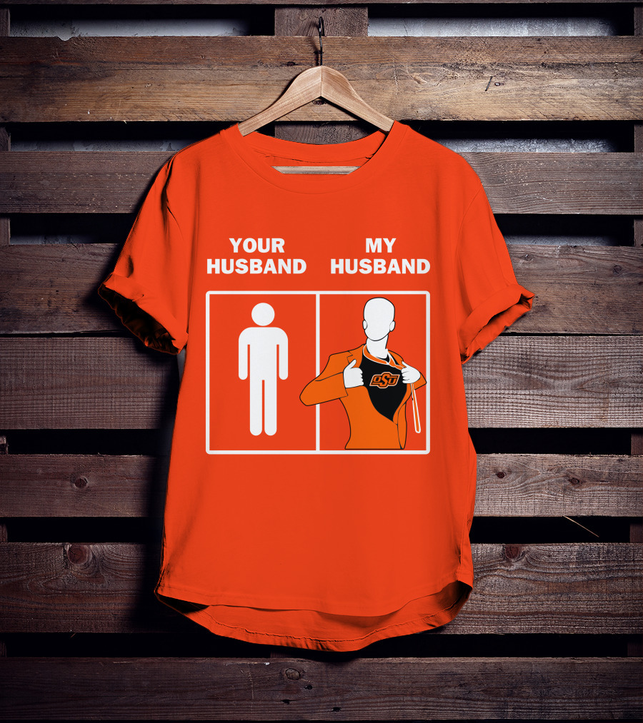 Oklahoma State Cowboys Your Husband My Husband OSU Logo Superhero Orange Suit T-Shirt