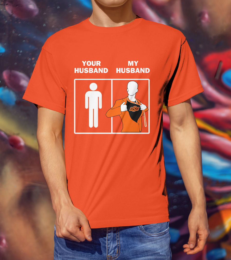 Oklahoma State Cowboys Your Husband My Husband OSU Logo Superhero Orange Suit T-Shirt