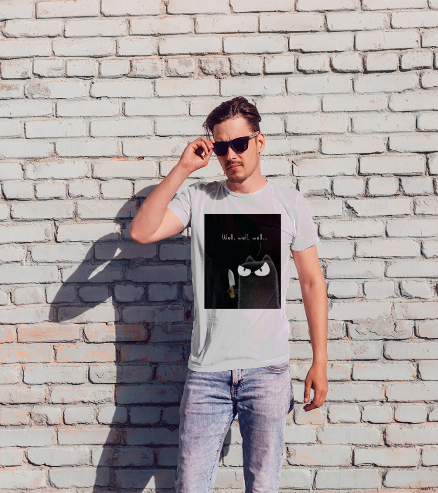 Well Well Well Purrinink Black Cat Knife Humor T-Shirt