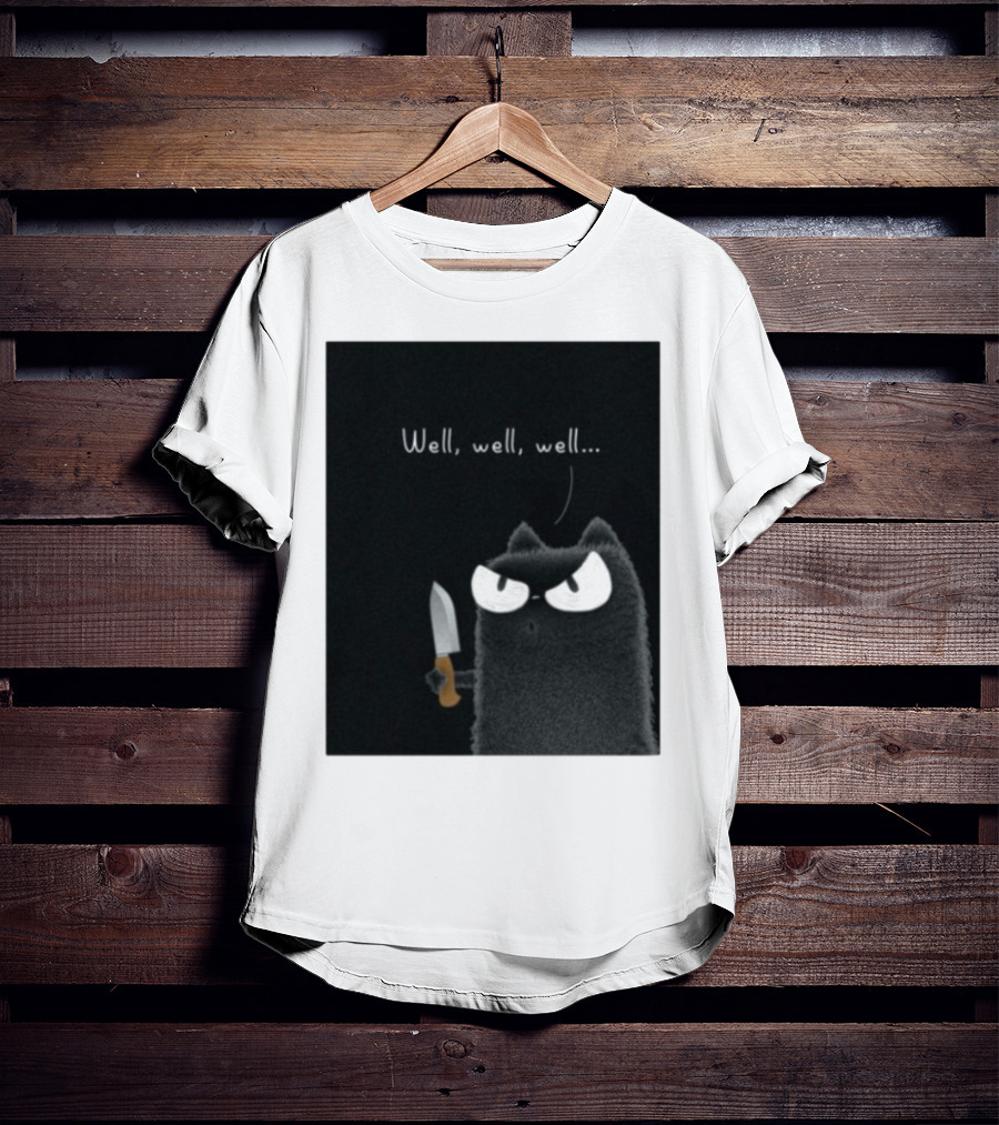 Well Well Well Purrinink Black Cat Knife Humor T-Shirt