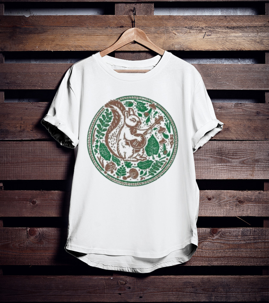 Squirrel Playing Banjo Nature Acorns Leaves Mushrooms T-Shirt