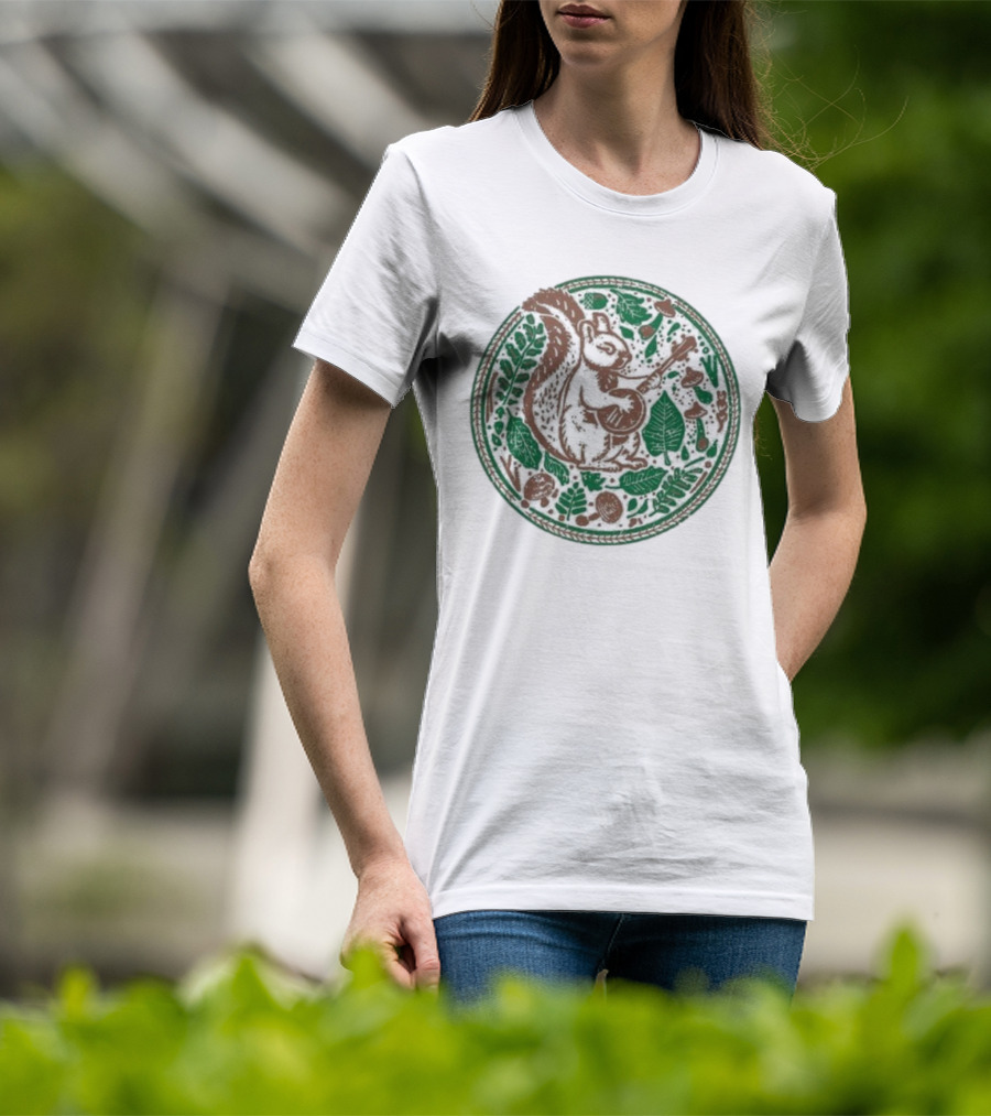Squirrel Playing Banjo Nature Acorns Leaves Mushrooms T-Shirt