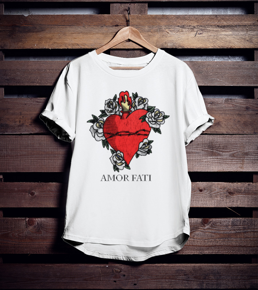 Amor Fati Sacred Heart Barbed Wire Roses Flame T-Shirt