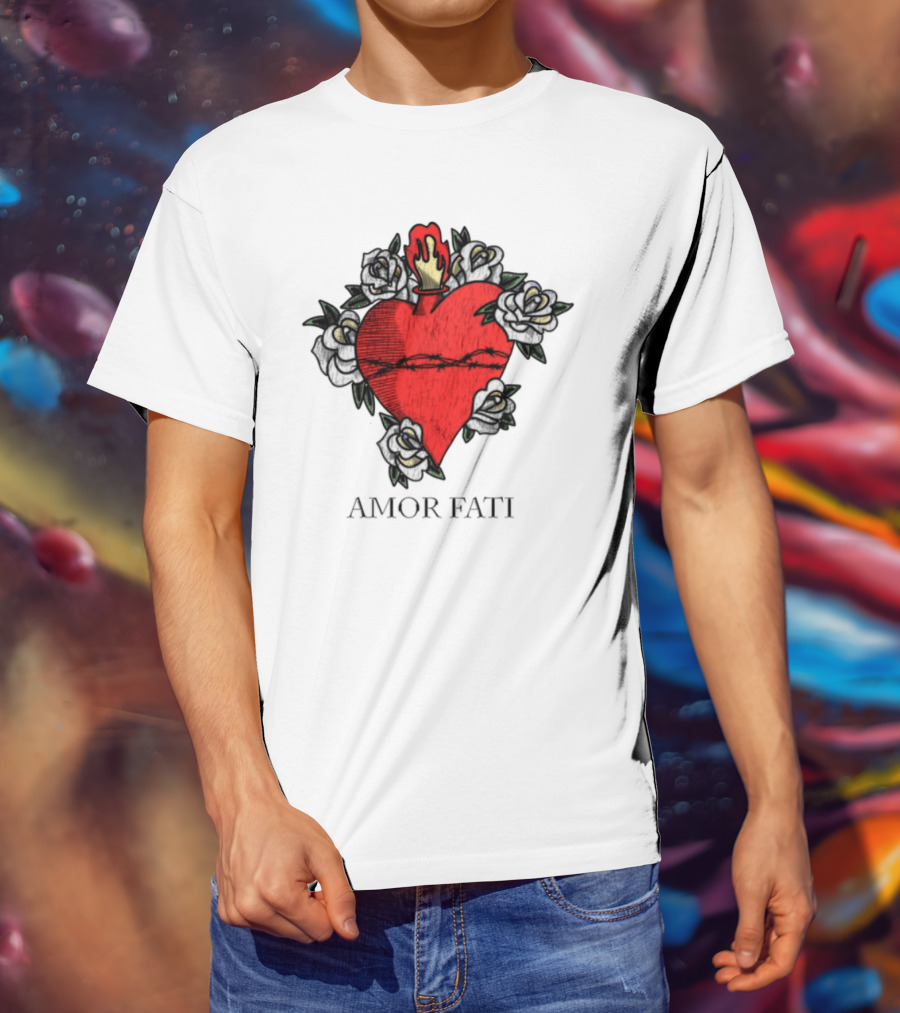 Amor Fati Sacred Heart Barbed Wire Roses Flame T-Shirt