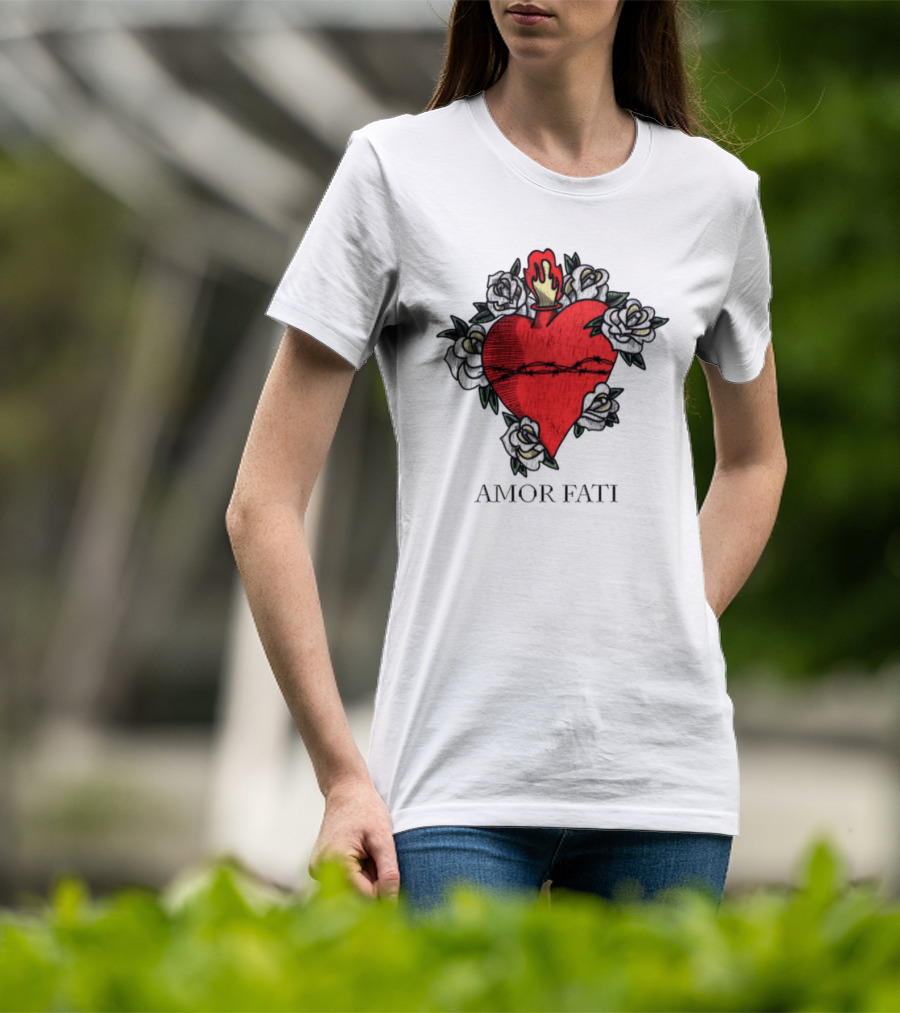 Amor Fati Sacred Heart Barbed Wire Roses Flame T-Shirt