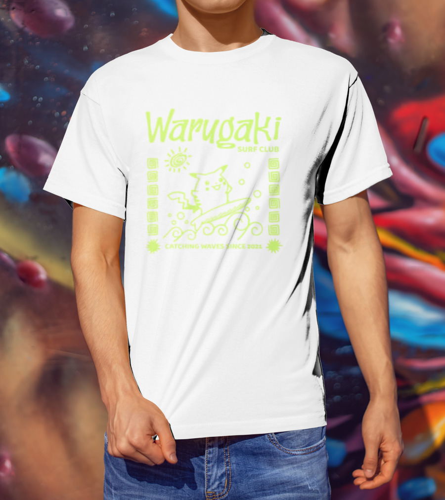 Warugaki Surf Club Pikachu Surfing Illustration Sun And Waves T-Shirt
