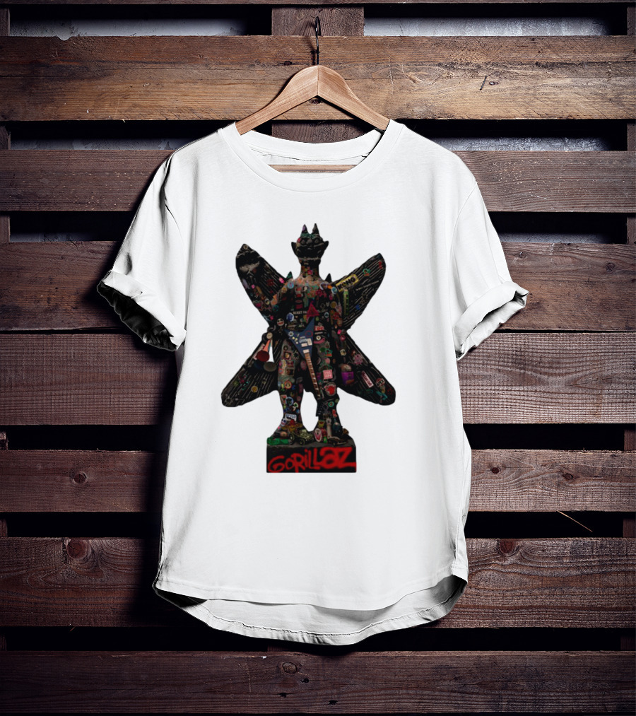 Gorillaz Iconic Pazuzu Figure With Music And Cultural Symbols T-Shirt