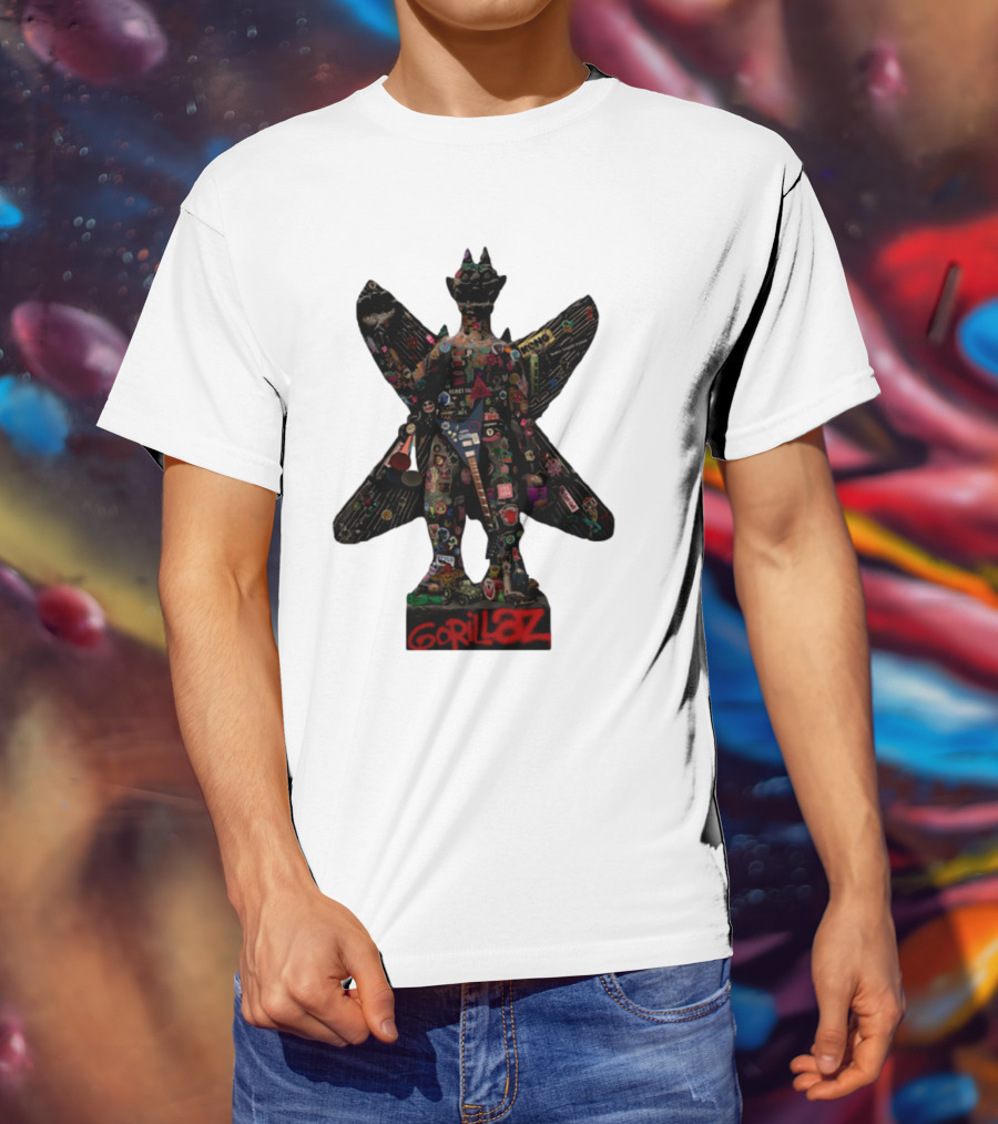 Gorillaz Iconic Pazuzu Figure With Music And Cultural Symbols T-Shirt