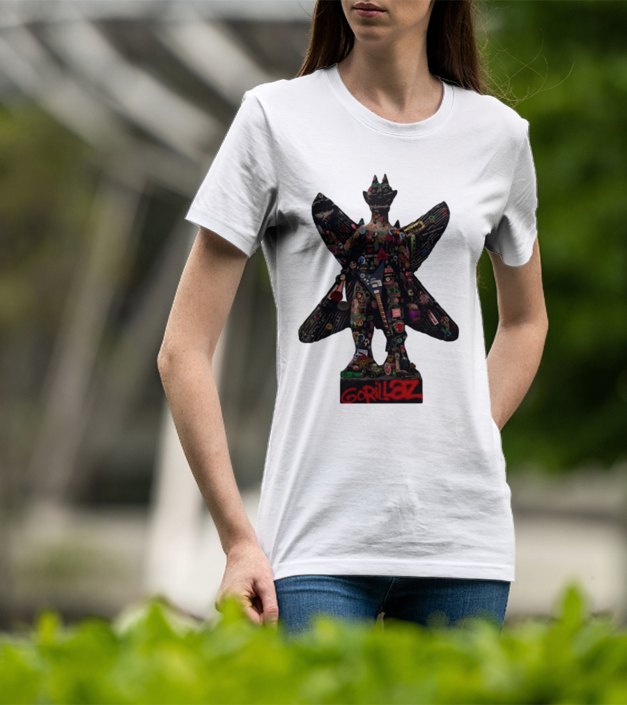 Gorillaz Iconic Pazuzu Figure With Music And Cultural Symbols T-Shirt