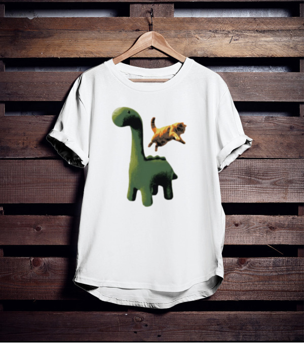 Abram Engle Kurt Dino Green Dinosaur With Leaping Orange Cat T-Shirt