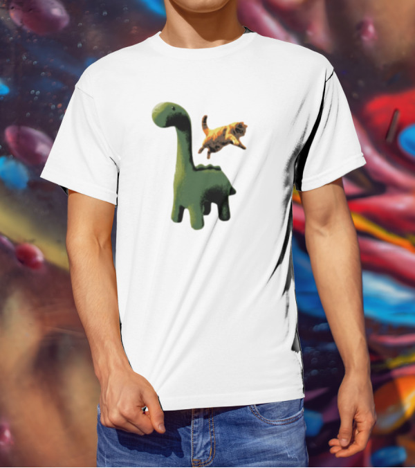 Abram Engle Kurt Dino Green Dinosaur With Leaping Orange Cat T-Shirt