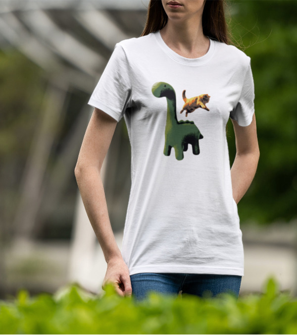 Abram Engle Kurt Dino Green Dinosaur With Leaping Orange Cat T-Shirt