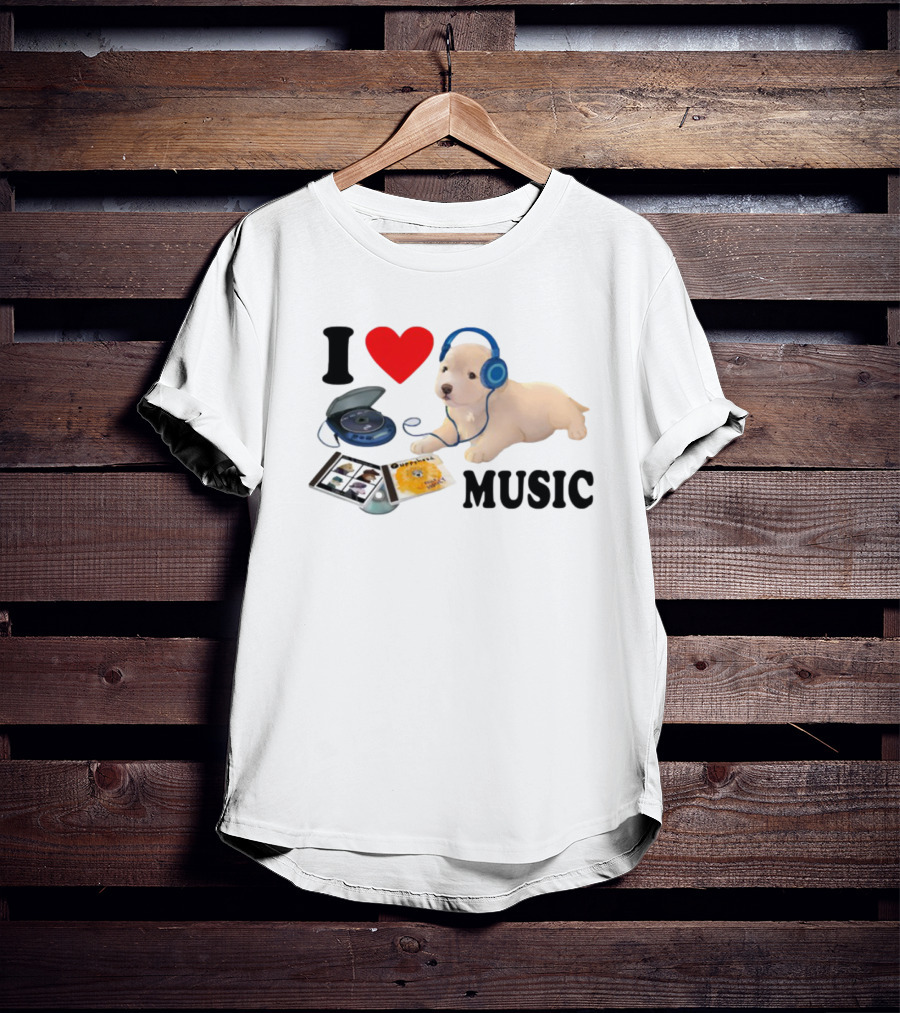 I Love Music Dog Headphones CD Player Album Puppy T-Shirt