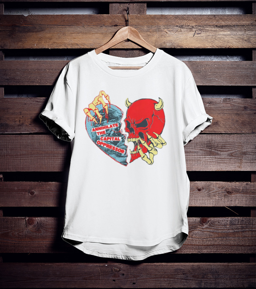 Annihilate The Capital Oppressor Red Skull And Skeleton Heart Design T-Shirt